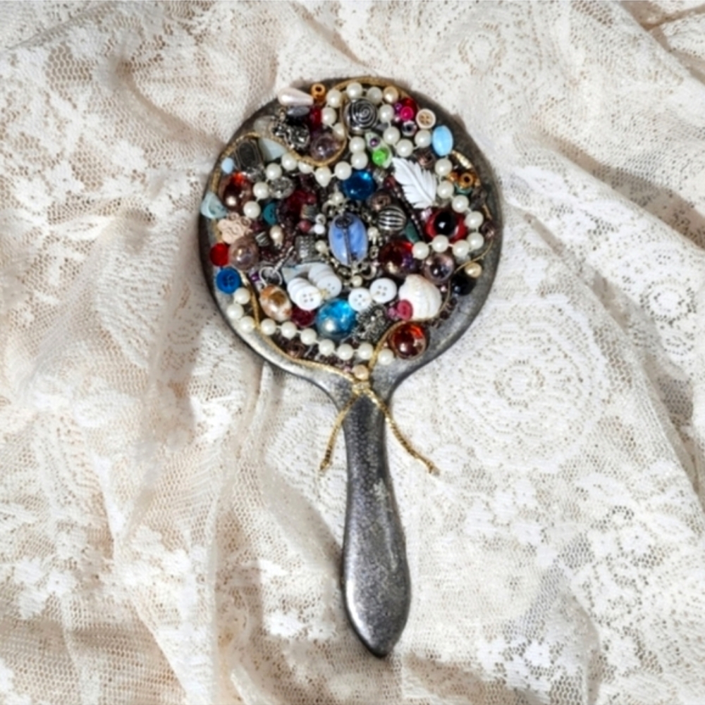 UpcycledMirror Antique One of a Kind Jewelry And Beads Button Detail Red